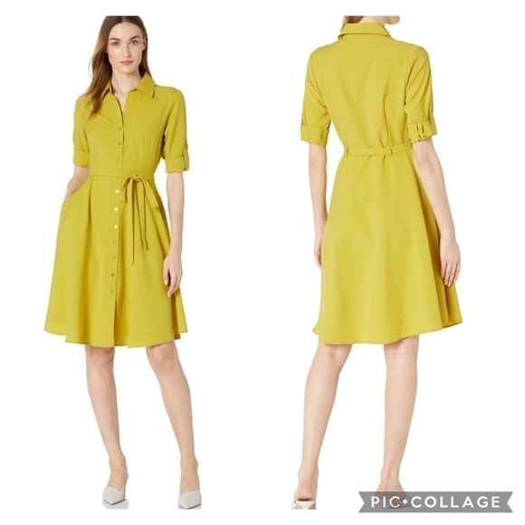 Sharagano Roll Tab Sleeve Tie Waist Shirtdress-Laurel Leaf Size 6 - Picture 1 of 8